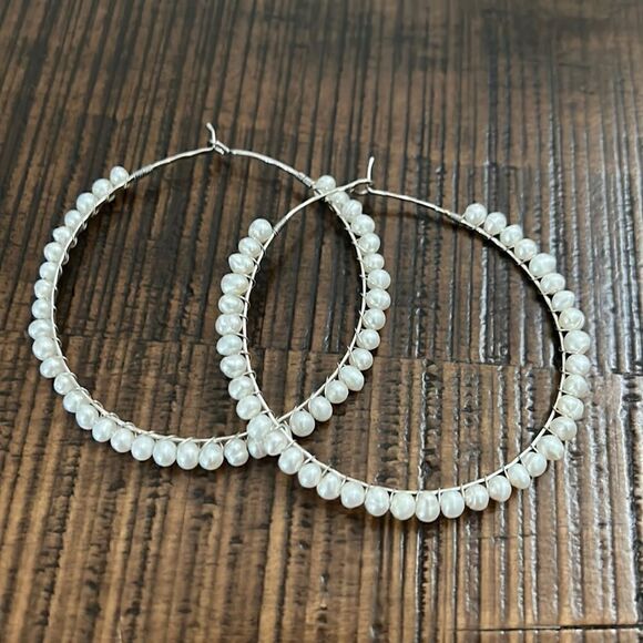 Silver and pearls large hoops - Picture 1 of 1